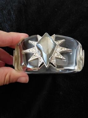 Vintage-Alexis Bittar- Hand-carved Starburst Lucite Bangle- 14k White Gold Over